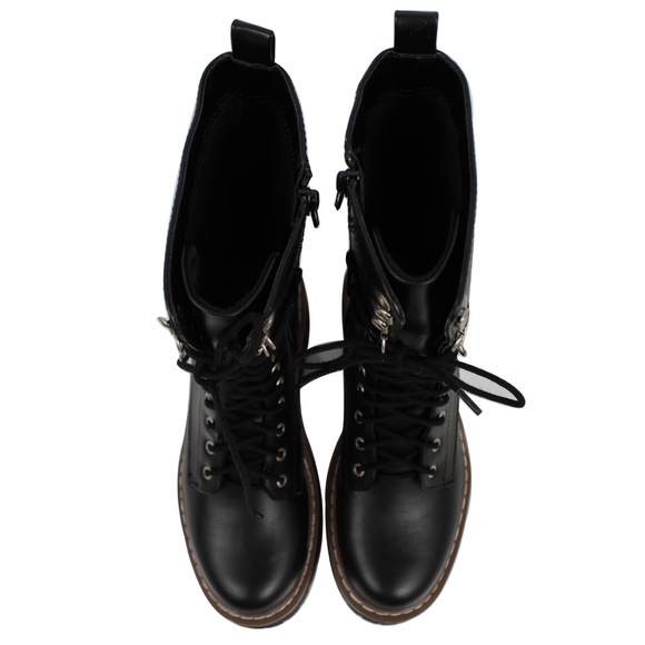 Black Faux Leather  Combat Mid Calf Platform Block Heel Boot - Picture 5 of 7